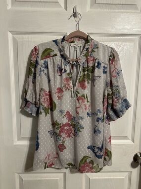 Floral Dot Tie-Neck Work Blouse with Butterfly Print